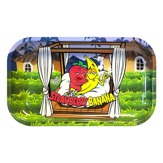 BEST BUDS STRAWBERRY BANANA METAL ROLLING TRAY LONG 16 X 27 CM