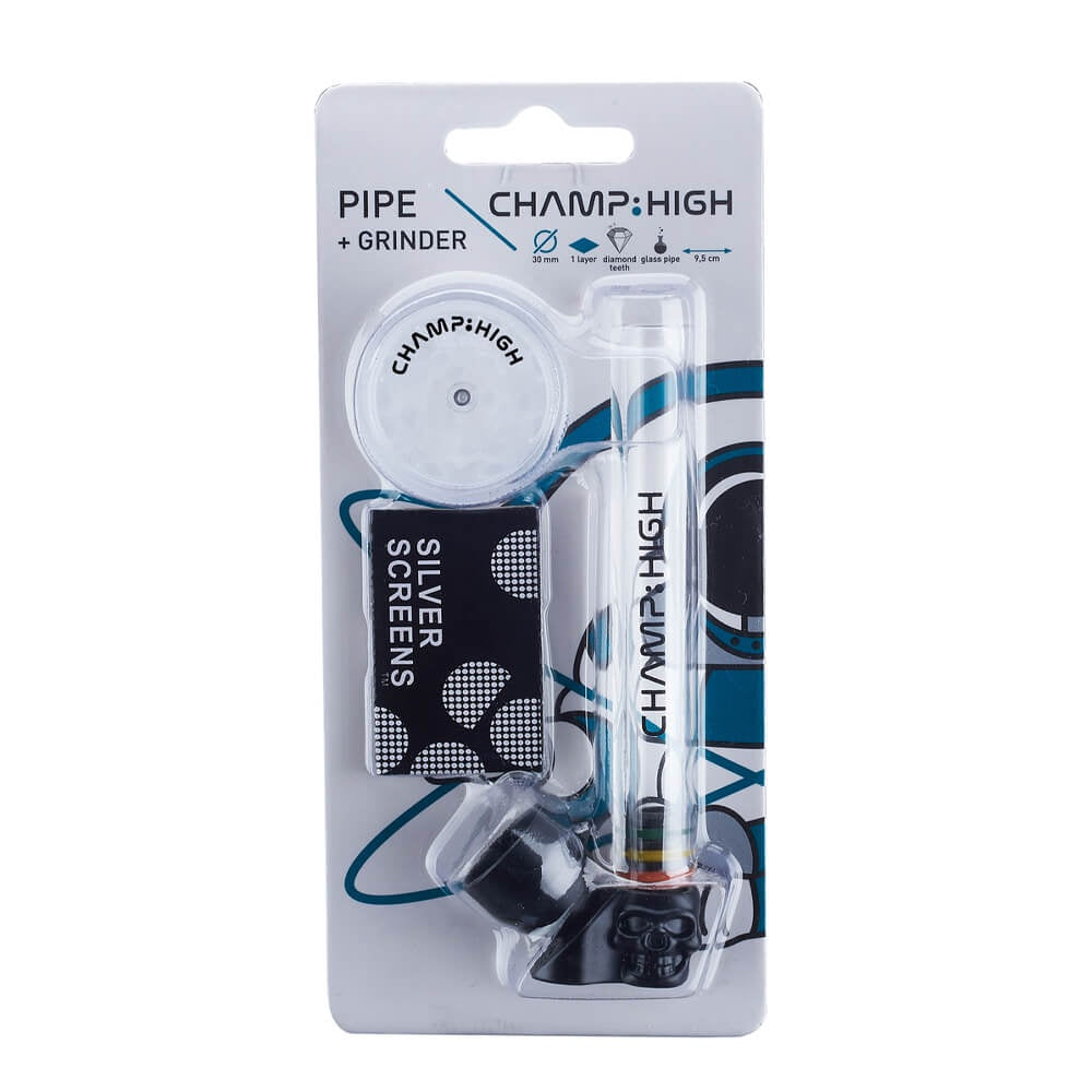 Champ High Clear Glass Skull Pipe with Grinder and Screens
